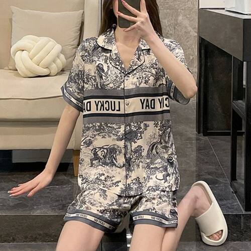 Summer Woman Pajamas Sets Satin Silk Soft Short Sleeves Shor