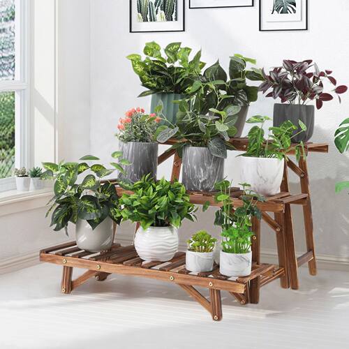 3 Tier Freestanding Ladder Shelf Wood Plant Stand Indoor Out
