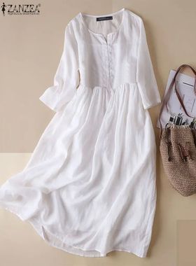 Women White Beach Dress Solid Summer A-line Half Sleeve Shir