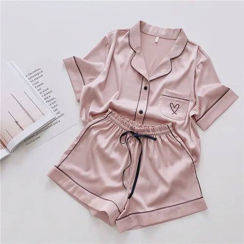 Womens Ice Silk Pajamas Set Heart Print Sleepwear Pijamas El