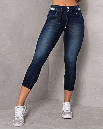 Spring Autumn Woman's Pure Color Jeans Vintage Denim Drawstr