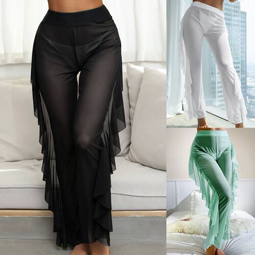 Women Mesh Ruffle Trim Beach cover up pants for swimwear wom
