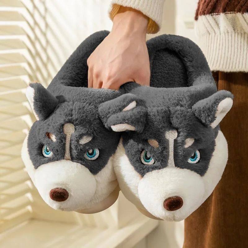 Women Indoor Cotton Slippers Cute Cartoon Dog Winter Warm Sh