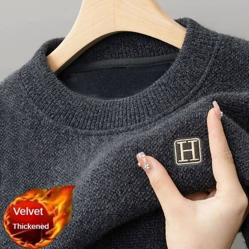 Winter Men's Warm Fleece Sweater O-Neck Embroidered Casual K