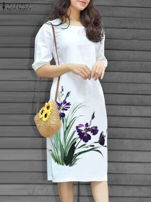 Women Floral Print Dress 2024 Summer Half Puff Sleeve Vestid