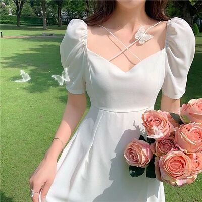 Women Summer White Dress Puff Sleeve Party Dating Dress Squa