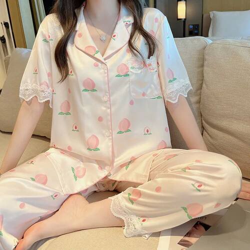 Honey Peach Lace Pajamas for Women's Summer Ice Silk Smooth
