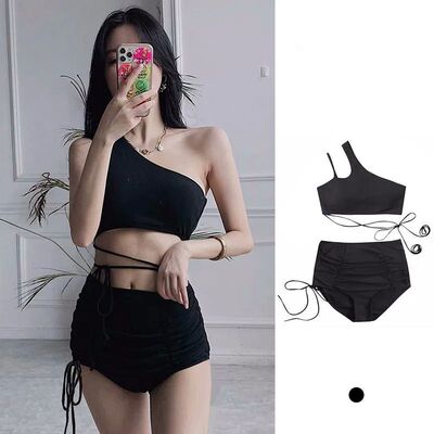 sexy Korean fashion one shoulder crop top mujer black drawst