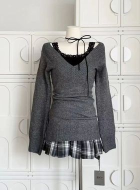 Autumn Winter Woman Gyaru Coquette V-neck French Vintage Swe