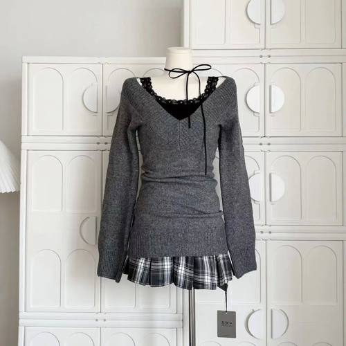 Autumn Winter Woman Gyaru Coquette V-neck French Vintage Swe