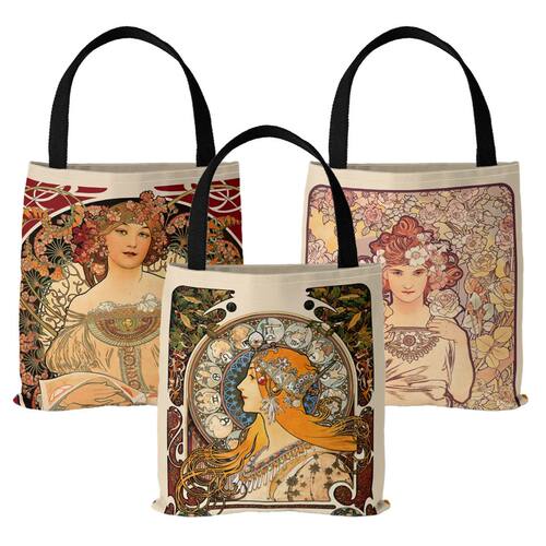 Mucha Series Digital Printed Canvas Bag Open Tote Bag Handba