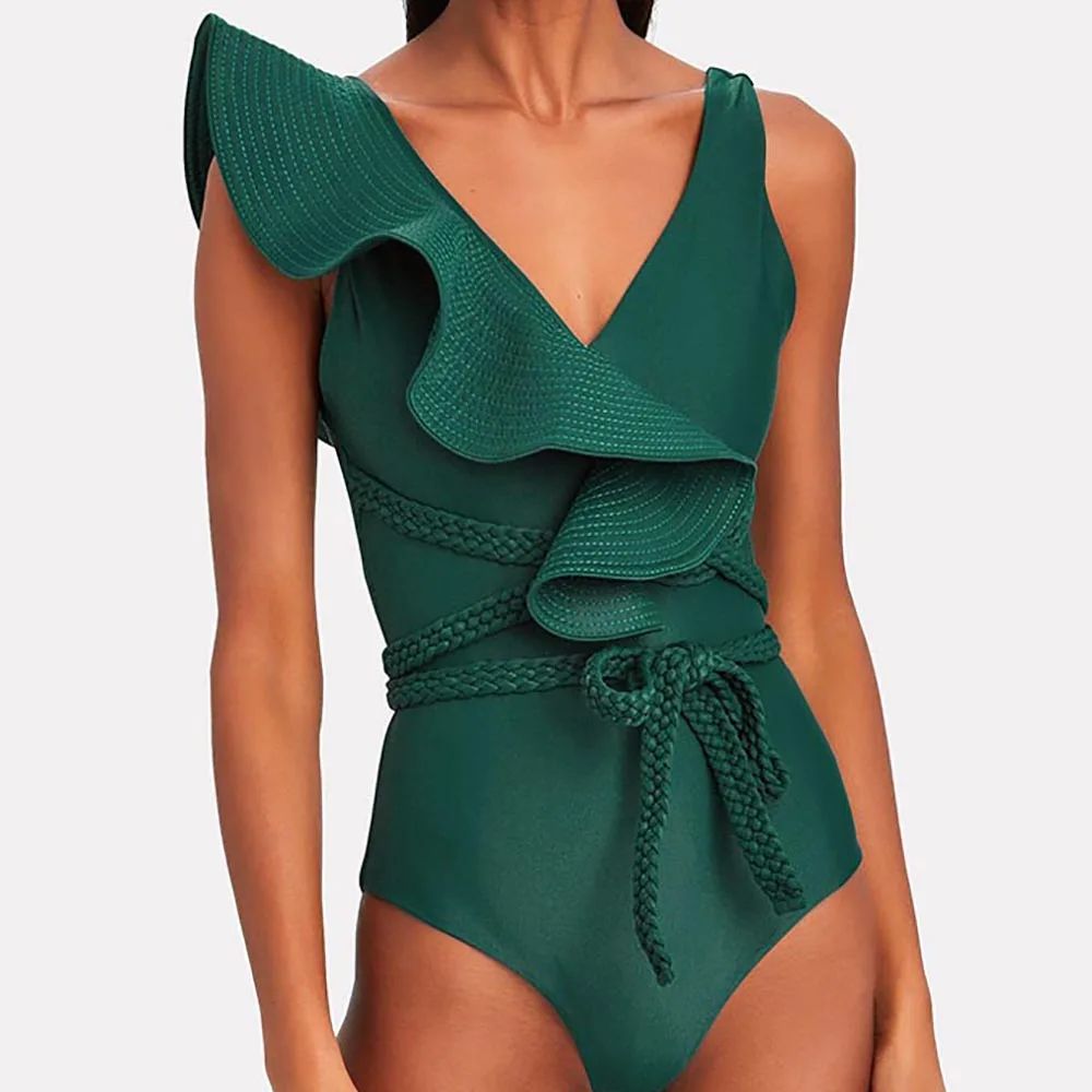 Green Ruffled Solid One-Piece Swimsuit Women's Summer Swimin