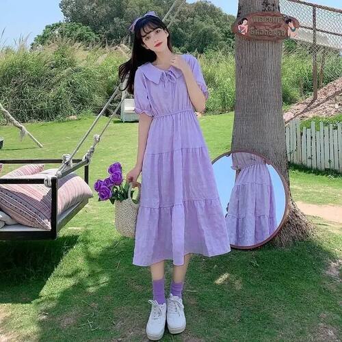 Summer New Purple Mid-Length Short-Sleeve Dress Women Woman