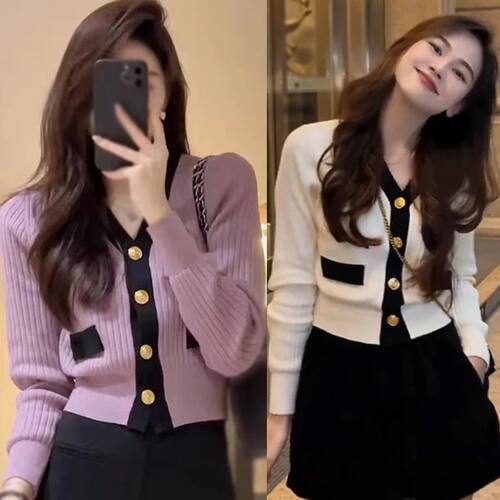 Women's Korean Version Sweater jacket V-neck Knitted Long Sl