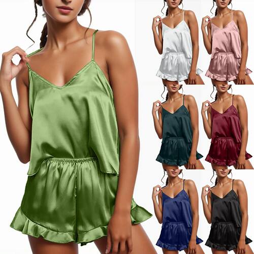 Women's Sexy Silk Satin Ruffled Pajamas Sets Shorts Sets Sle