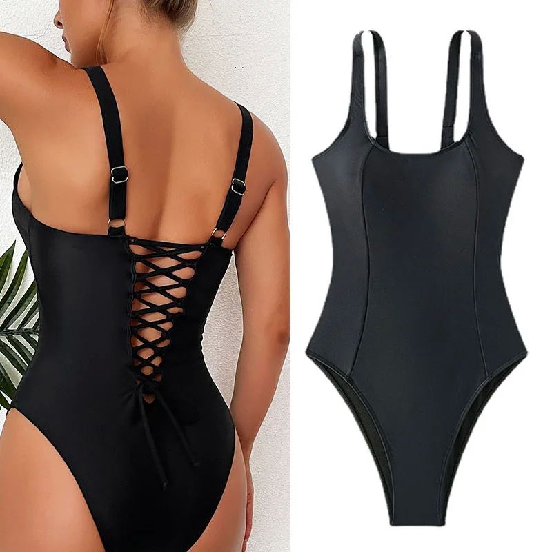 Women Sexy Black Strapped Swimwear Summer Backless Cross One