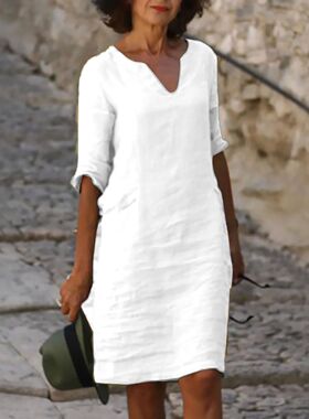 Womens Dresses For Work Cotton And Linen Short Sleeve Holida