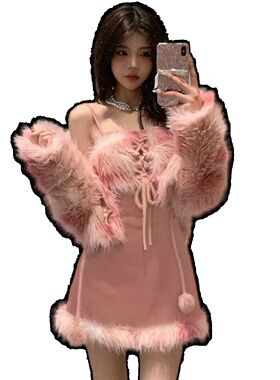 Pink Love Fur Neckline Hairball Tie Embellished Short Jacket