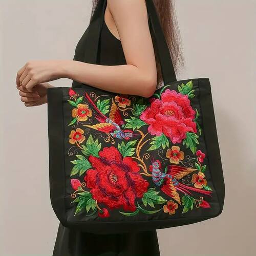 Ethnic Style Flower Embroidery Canvas Tote Shoulder Bag Larg