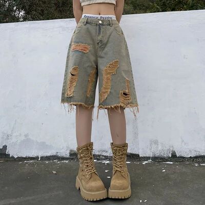 Women Vintage Hole Denim Shorts Y2K Hip Hop High Street Jean