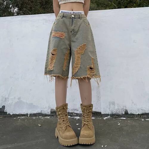 Women Vintage Hole Denim Shorts Y2K Hip Hop High Street Jean