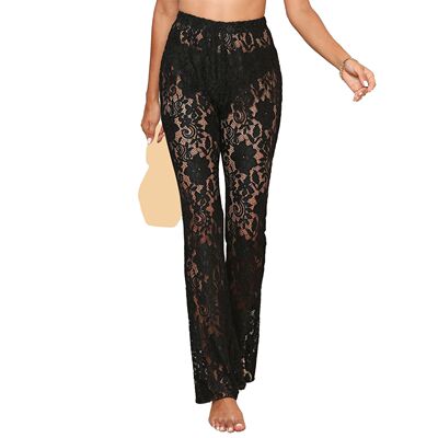 Women’s Sheer Lace Pants High Waist See Through Flare Pants