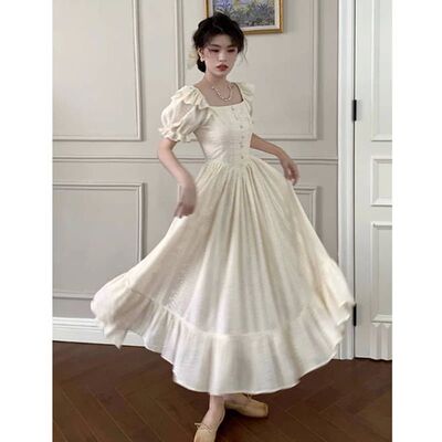 Elegant Square Collar White Dress Summer Fashion Puff Sleeve
