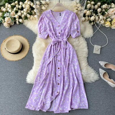 French Sweet Floral Dress Women V Neck Puff Sleeve Single-Br