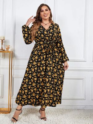 Plus Size Wrap V Neck Women's Long Sleeve Dress Drawstring W