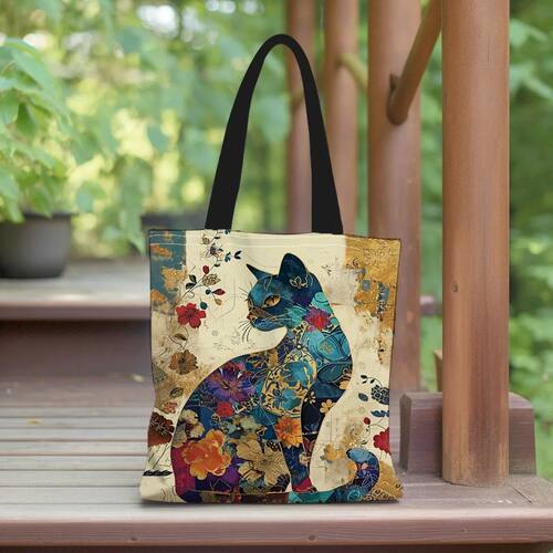 Floral Cat Pattern Tote Bag, Aesthetic Canvas School Shoulde