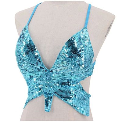 Y2k Butterfly Sequin Crop Top Women Summer Backless V Neck S