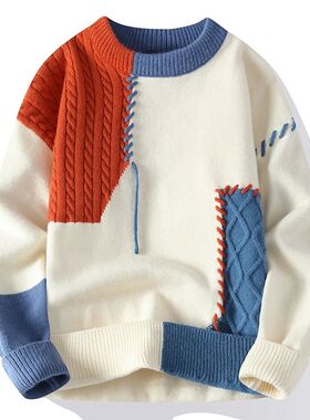 Autumn Winter Warm Mens Knitted Sweaters Fashion Patchwork O