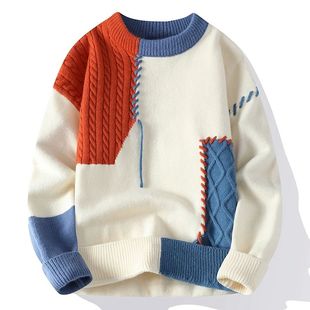 Mens Knitted Sweaters Autumn Patchwork Warm Fashion Winter
