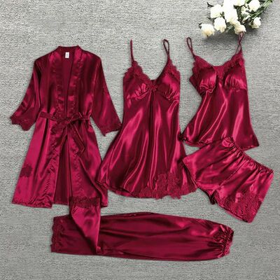 Women Satin Silk Pajamas Set 5 Pieces Robe Nightdress Shorts