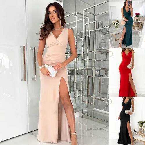 Women's Dress Solid Color Simple And Elegant V-neck Sleevele