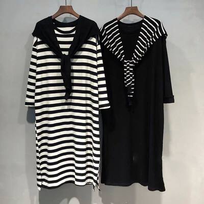 Autumn Winter Women's Loose Striped Patchwork Round Neck Dre