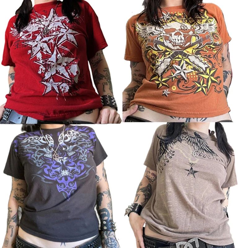 Xingqing y2k Japanese Grunge Tees 2000s Women Star Print Rou