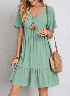 Summer Womens Short Sleeve Mini Dress Ladies Pleated Ruffle