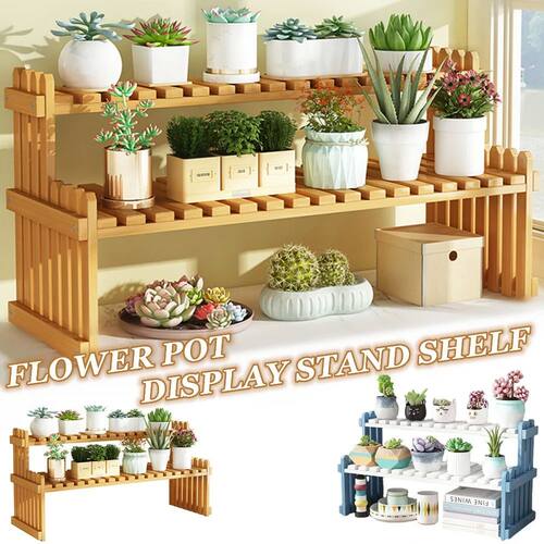 2Tier Flower Pot Plant Display Stand, Natural Bamboo Plant S