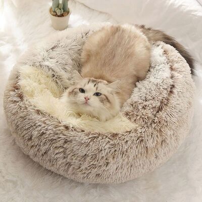Warm Long Plush Pet Bed Enclosed Round Cat Cushion Comfortab