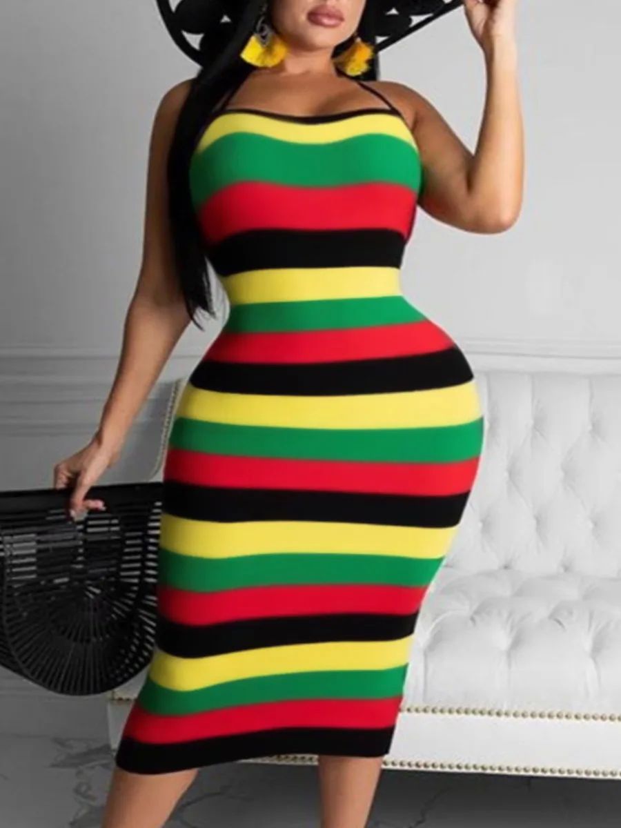 LW Plus Size Striped Backless Dress beach causal Sleeveless