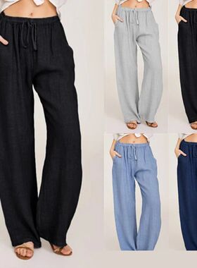 Women Cotton Linen Pants Fashion Solid Color Elastic Waist L