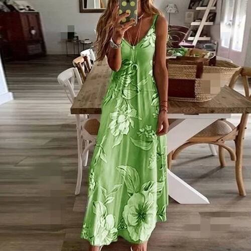 Plus Size Lady Spring Summer Dress Green Floral Print V-Neck