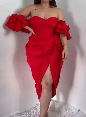 Women Plus Size Dress Summer Fashion Solid Short Ruffled Sle