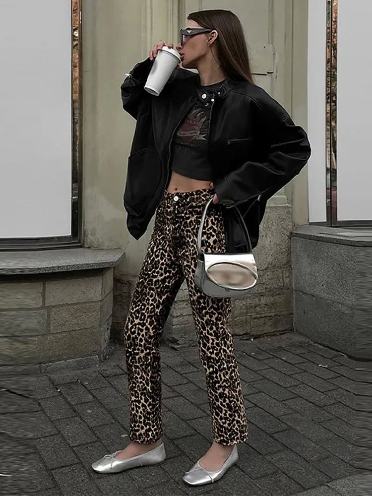 Y2k Leopard Print Pant Women Street High Waist Button Zipper