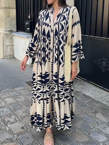 Casual Print Shirt Dresses Women Retro Long Sleeve Buttons P
