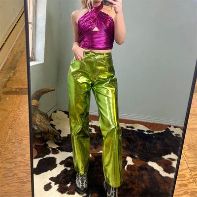Puloru Shiny PU Leather Long Pants Women Metallic High Waist