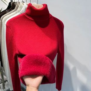 Women's Turtleneck Sweater Winter 2024 Retro Red with Velvet