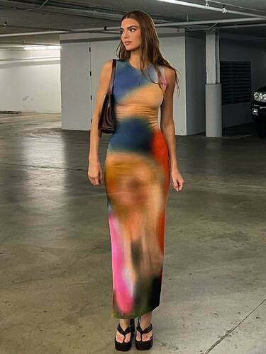 Hugcitar Tie Dye Print Ribbed Midi Dress For Women 2023 Summ
