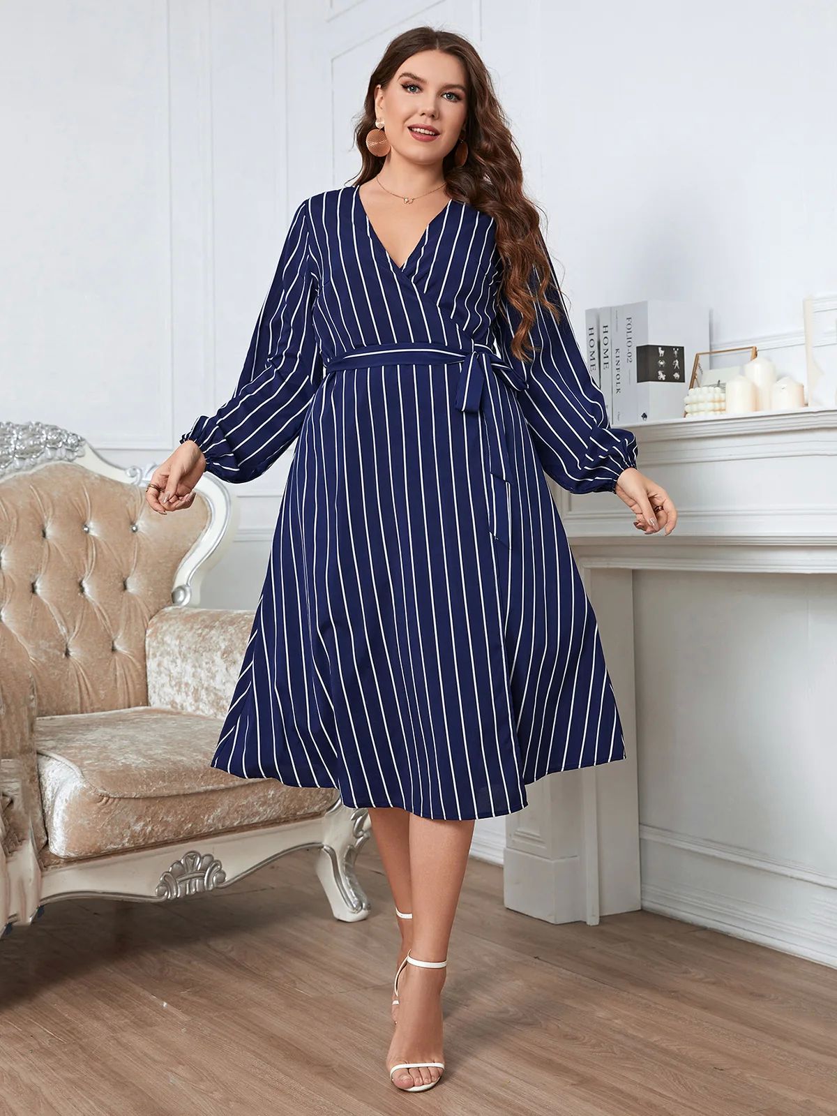 Plus Size Wrap V Neck Women Dress Long Bishop Sleeves Stripe 女装/女士精品 连衣裙 原图主图